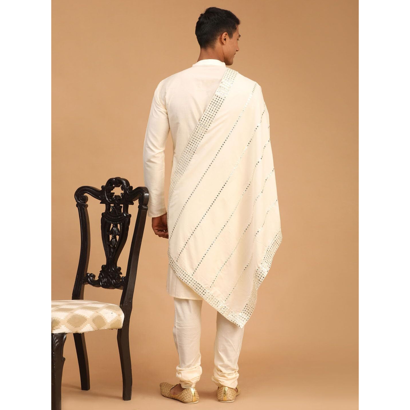 VASTRAMAY Men's Cream Viscose Kurta, Pyjama & Dupatta Set | Solid Kurta And Pyjama Set on Fluid Viscose Fabric of Natural Yarn In Cream Color with White Mirror Dupatta.