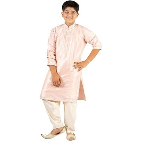 VASTRAMAY Boys' Peach Kurta And Patiala Set - Silk Blend Embroidered Kurta And Pyjama Set.