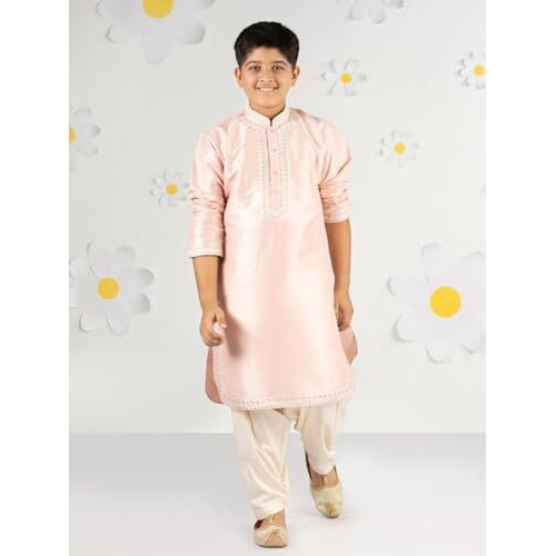 VASTRAMAY Boys' Peach Kurta And Patiala Set - Silk Blend Embroidered Kurta And Pyjama Set.