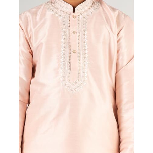 VASTRAMAY Boys' Peach Kurta And Patiala Set - Silk Blend Embroidered Kurta And Pyjama Set.