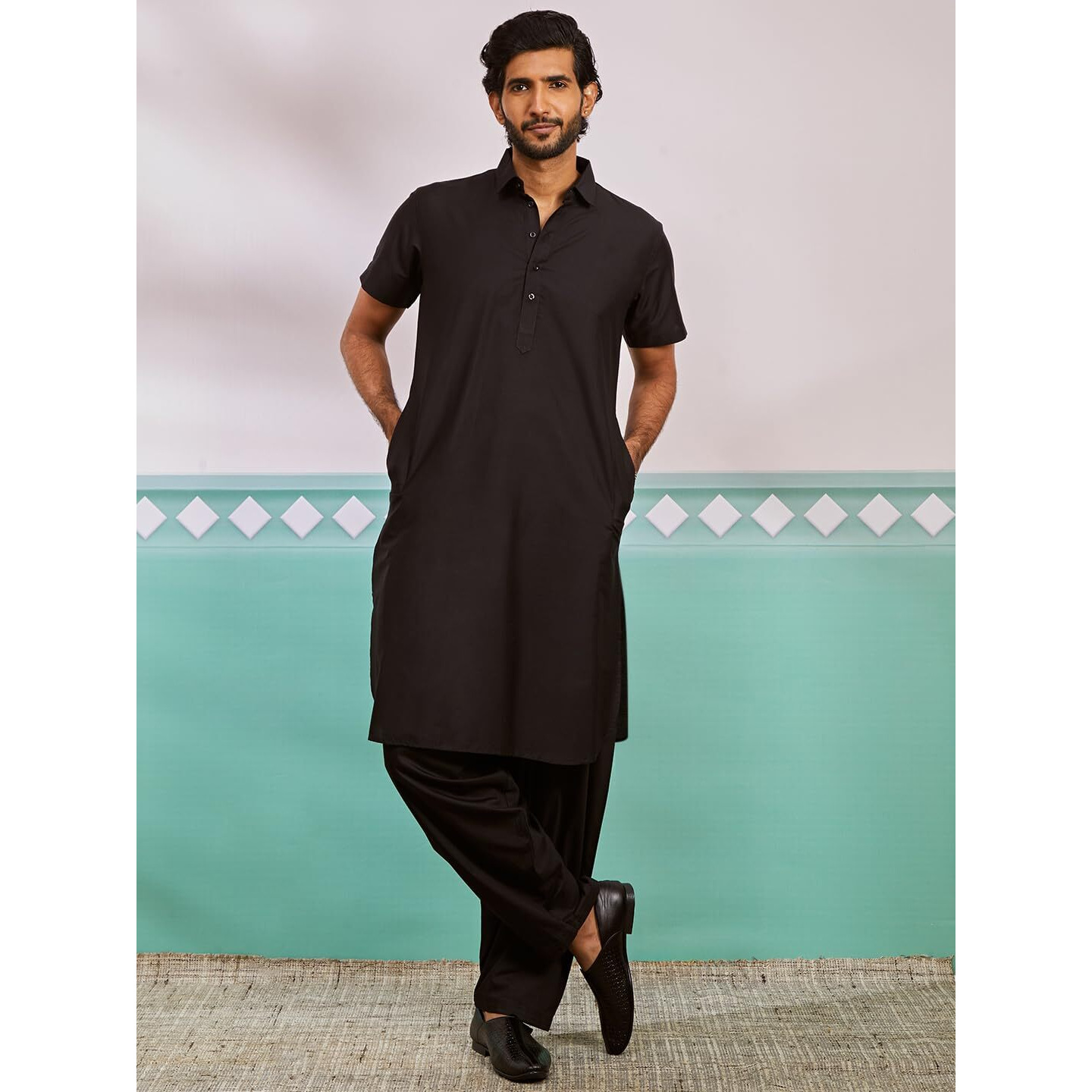 VASTRAMAY Men's Black Viscose Kurta And Patiala Set - Solid Viscose Kurta and patiala For Men.