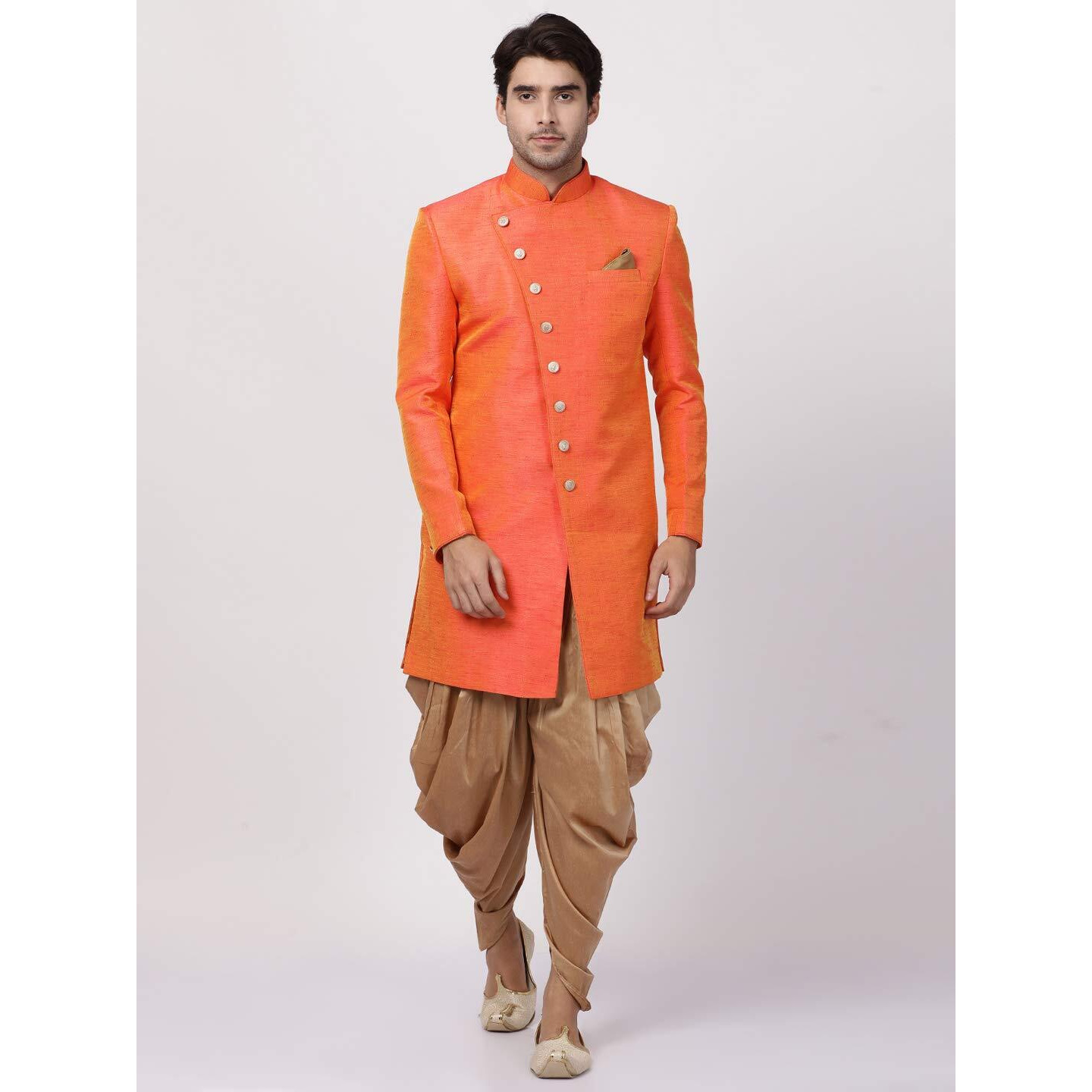 VASTRAMAY Men's Orange Silk Blend Sherwani Set_VASMIW005ORnCDRG_38