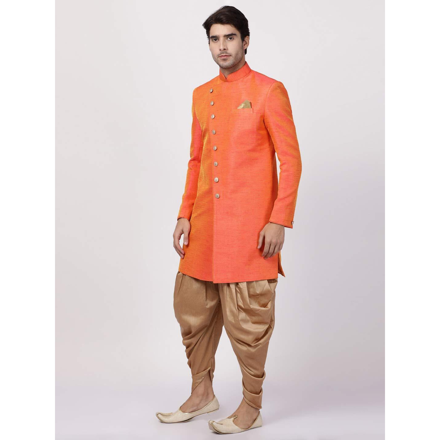 VASTRAMAY Men's Orange Silk Blend Sherwani Set_VASMIW005ORnCDRG_38