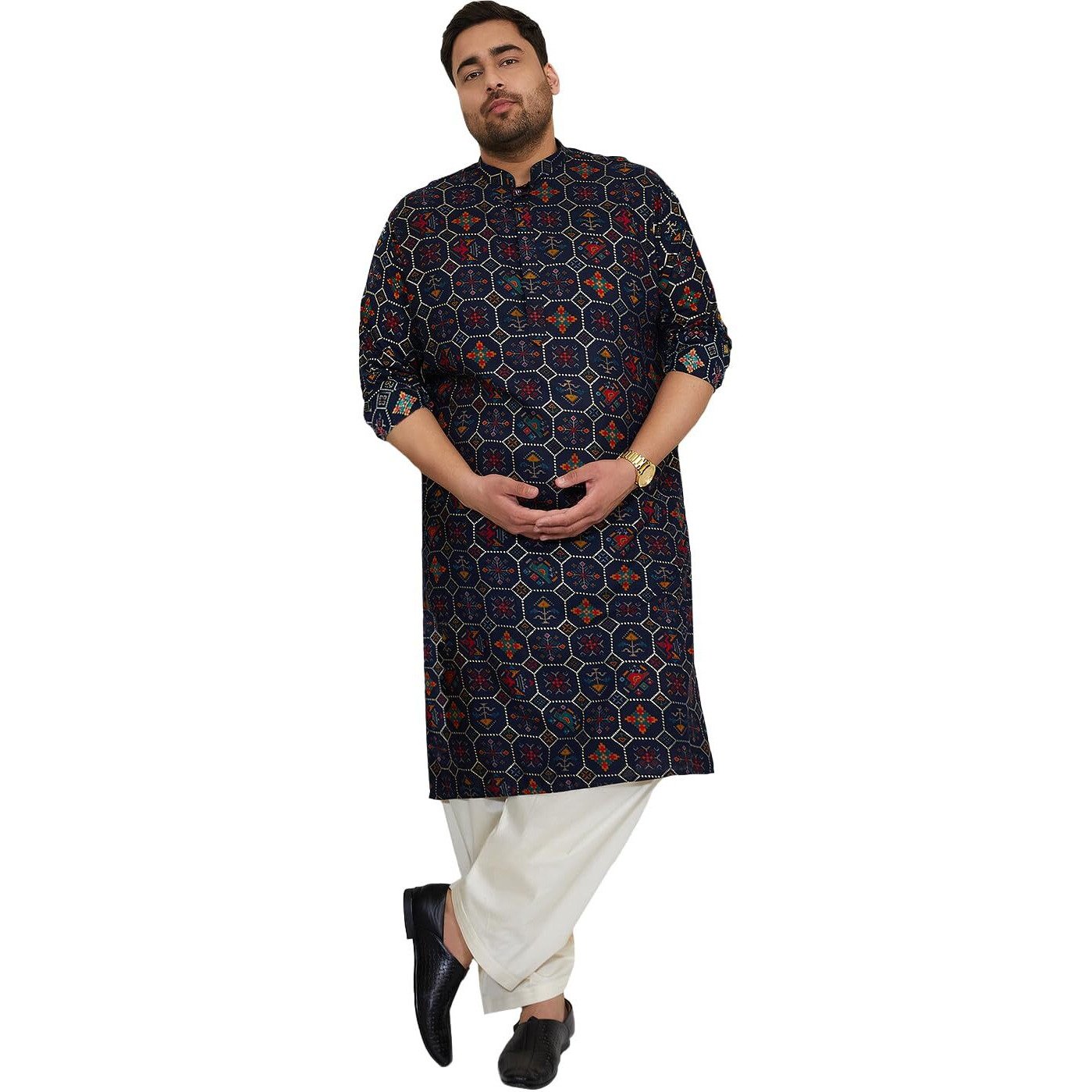 VASTRAMAY Mens Gold Foil Printed Patola Design Kurta with Viscose Cowl Style Dhoti  Ethnic Wear for Weddings & Festivals