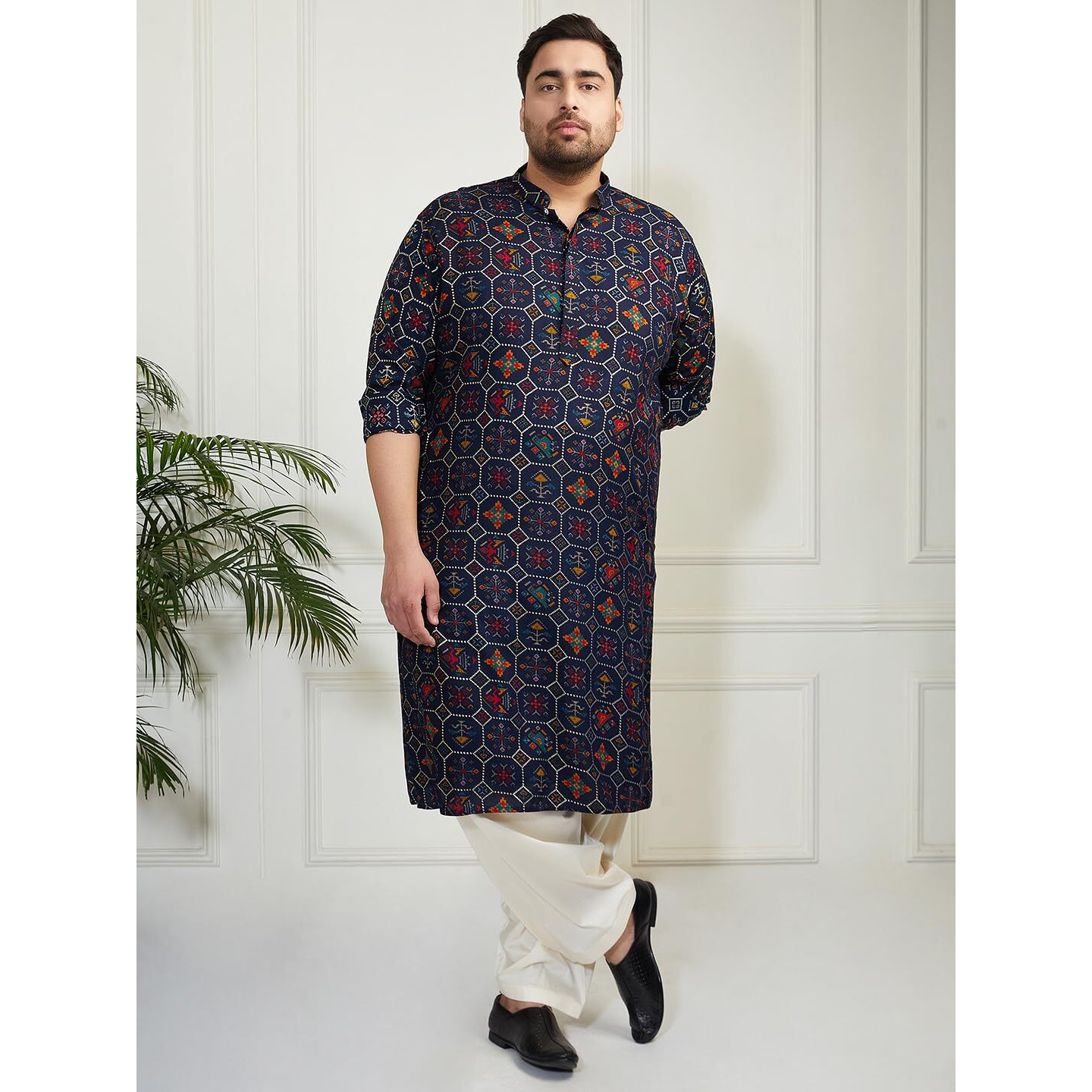 VASTRAMAY Mens Gold Foil Printed Patola Design Kurta with Viscose Cowl Style Dhoti  Ethnic Wear for Weddings & Festivals
