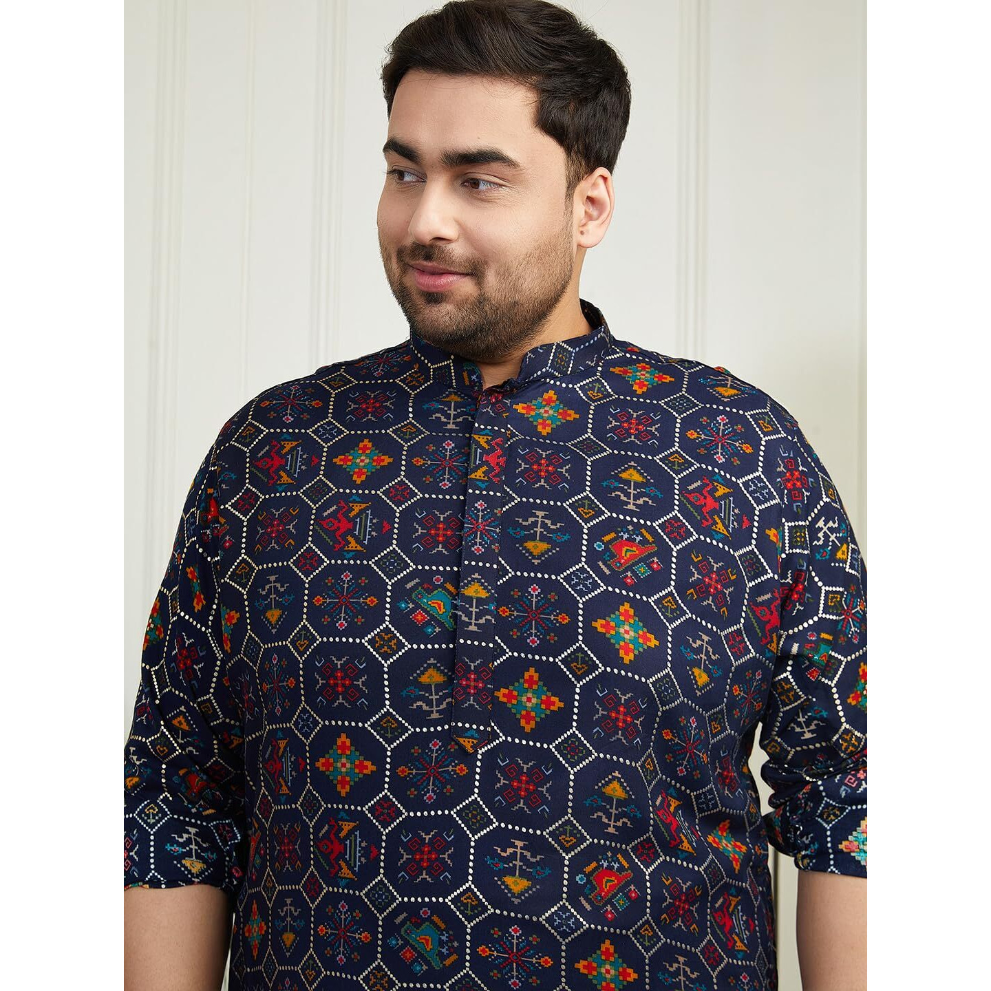 VASTRAMAY Mens Gold Foil Printed Patola Design Kurta with Viscose Cowl Style Dhoti  Ethnic Wear for Weddings & Festivals