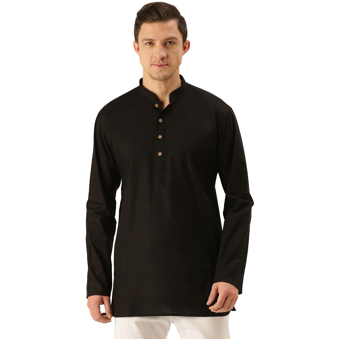 VASTRAMAY Men's Black Cotton Linen Short Kurta-VASMMK006BL_38