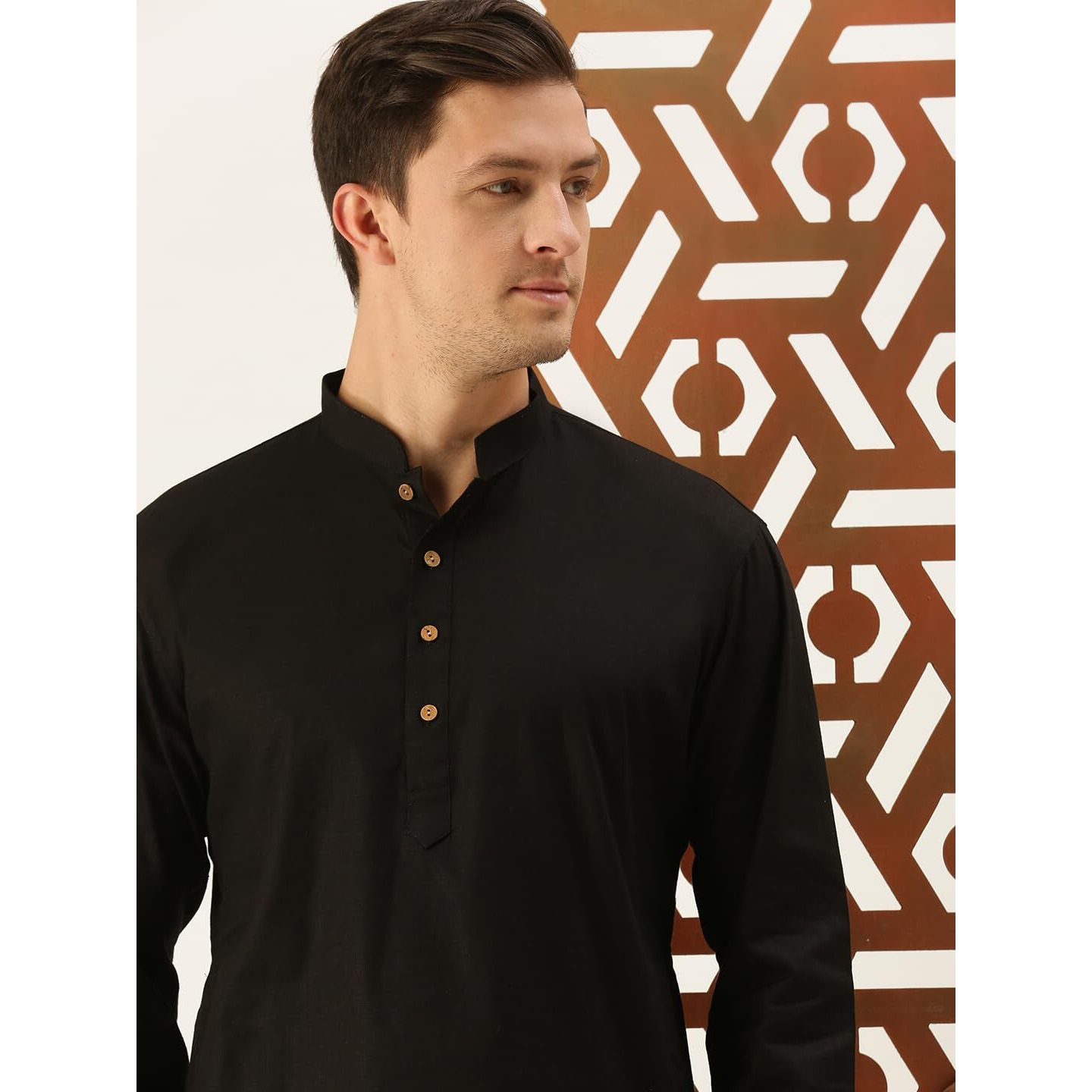 VASTRAMAY Men's Black Cotton Linen Short Kurta-VASMMK006BL_38