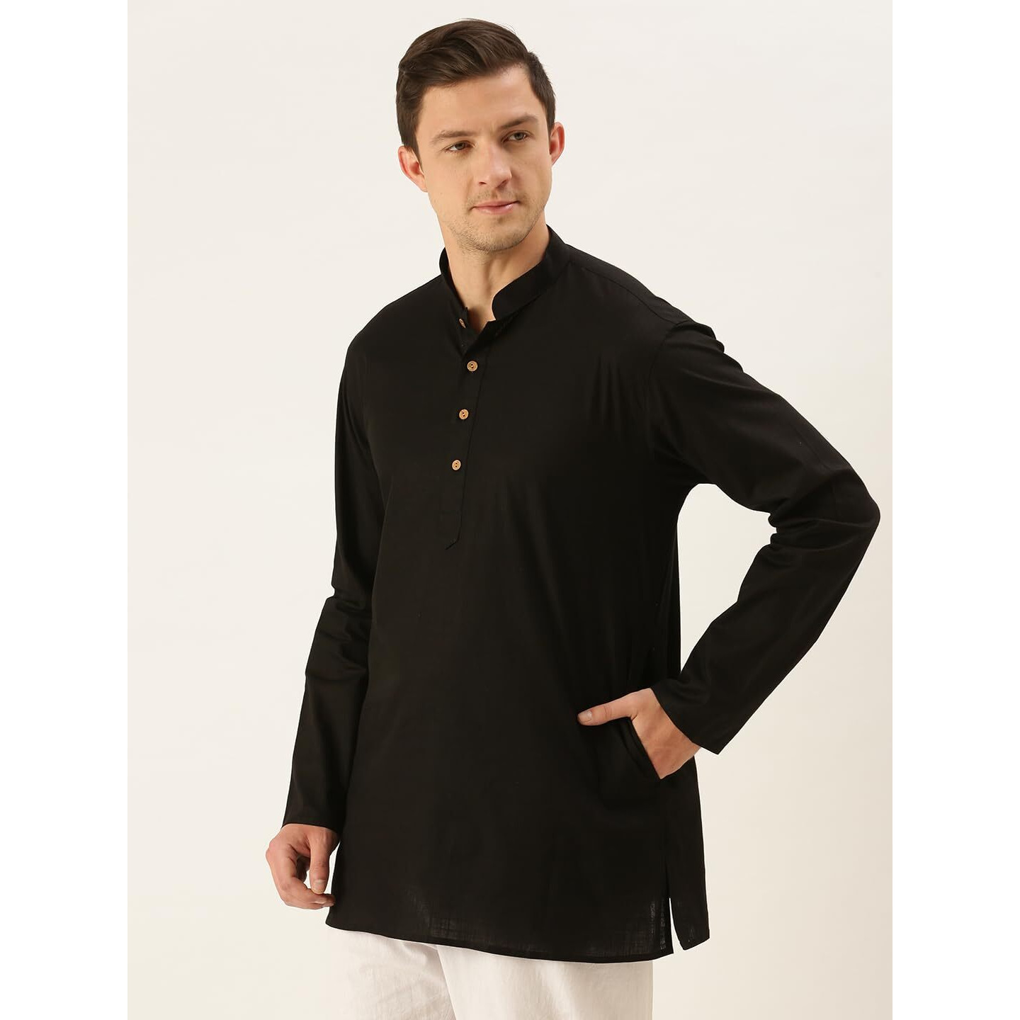 VASTRAMAY Men's Black Cotton Linen Short Kurta-VASMMK006BL_38