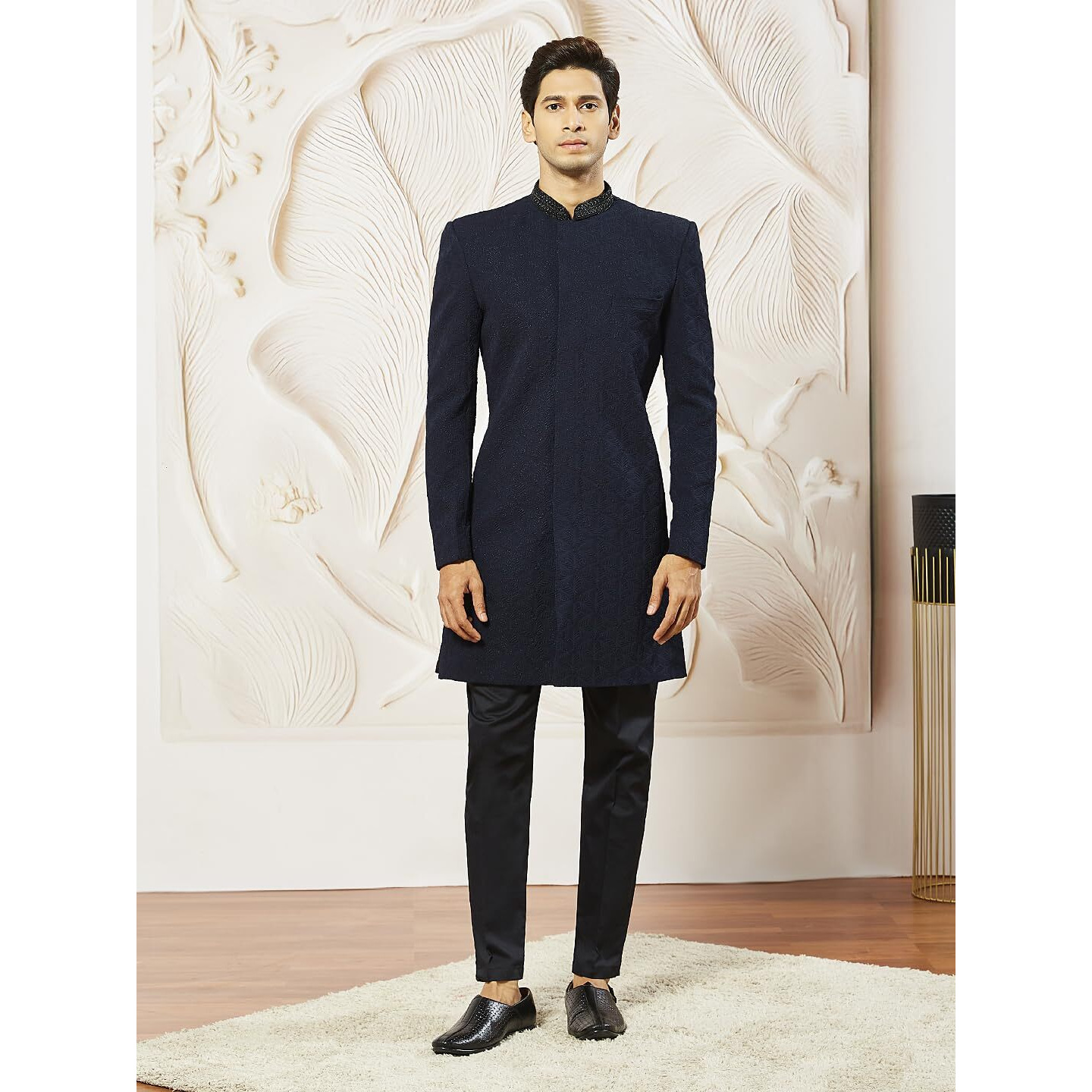 VASTRAMAY Men's Navy Blue Silk Blend Indo Western And Pant Set, Silk Blend Emboss Fabric Indo Western And Pant Set For Men, Traditional Indian Wear for Weddings & Festivals