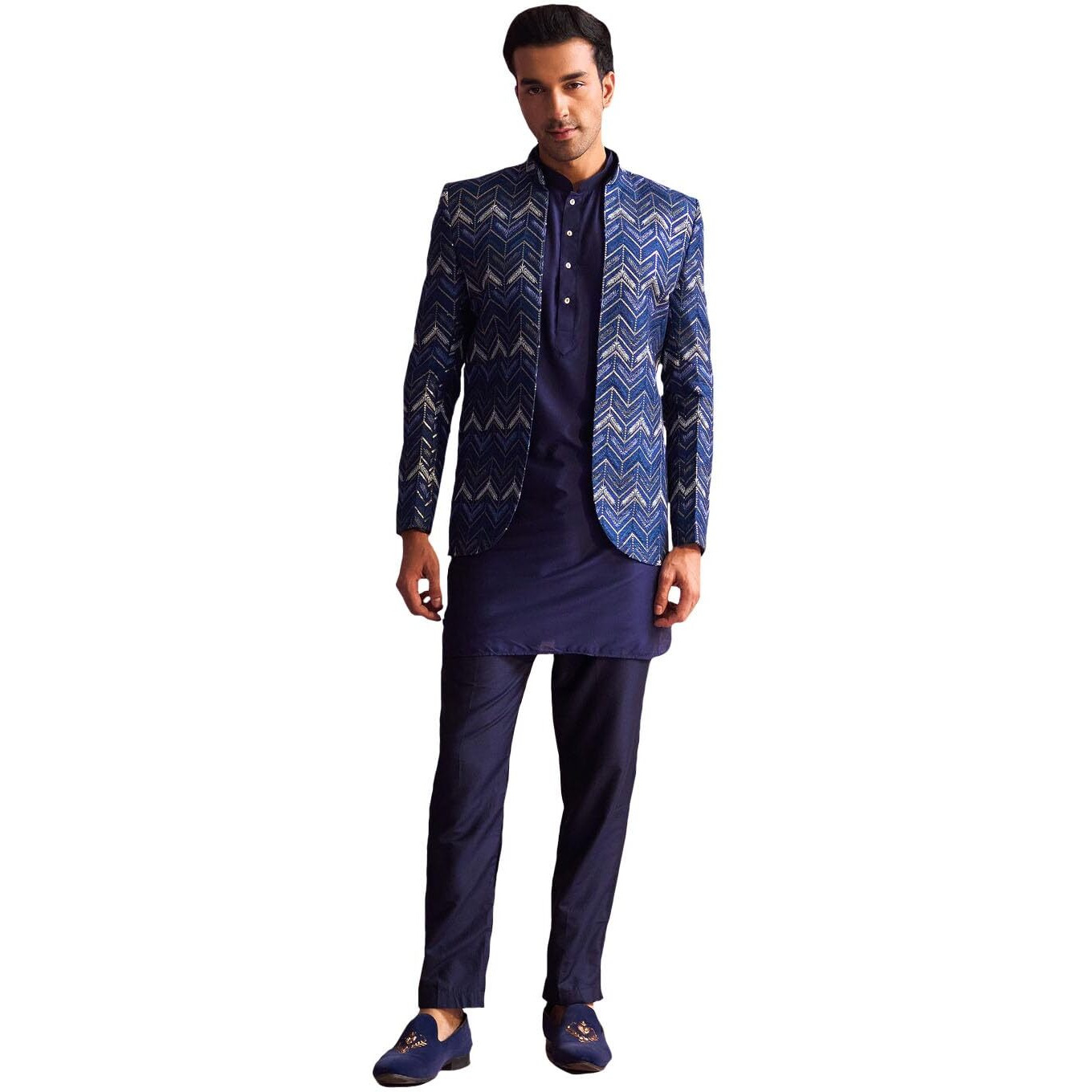 VASTRAMAY Men's Blue Viscose Jacket, Kurta and Pyjama Set || Cheveron Embroidered And Sequins Embellished Front Open Jodhpuri With Kurta And Pyjama - VSHRMJP037nMUK008NBnPANT002NB_42