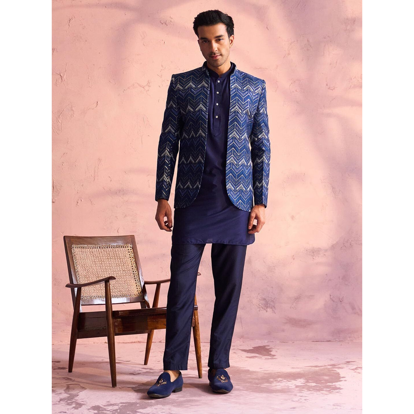 VASTRAMAY Men's Blue Viscose Jacket, Kurta and Pyjama Set || Cheveron Embroidered And Sequins Embellished Front Open Jodhpuri With Kurta And Pyjama - VSHRMJP037nMUK008NBnPANT002NB_42