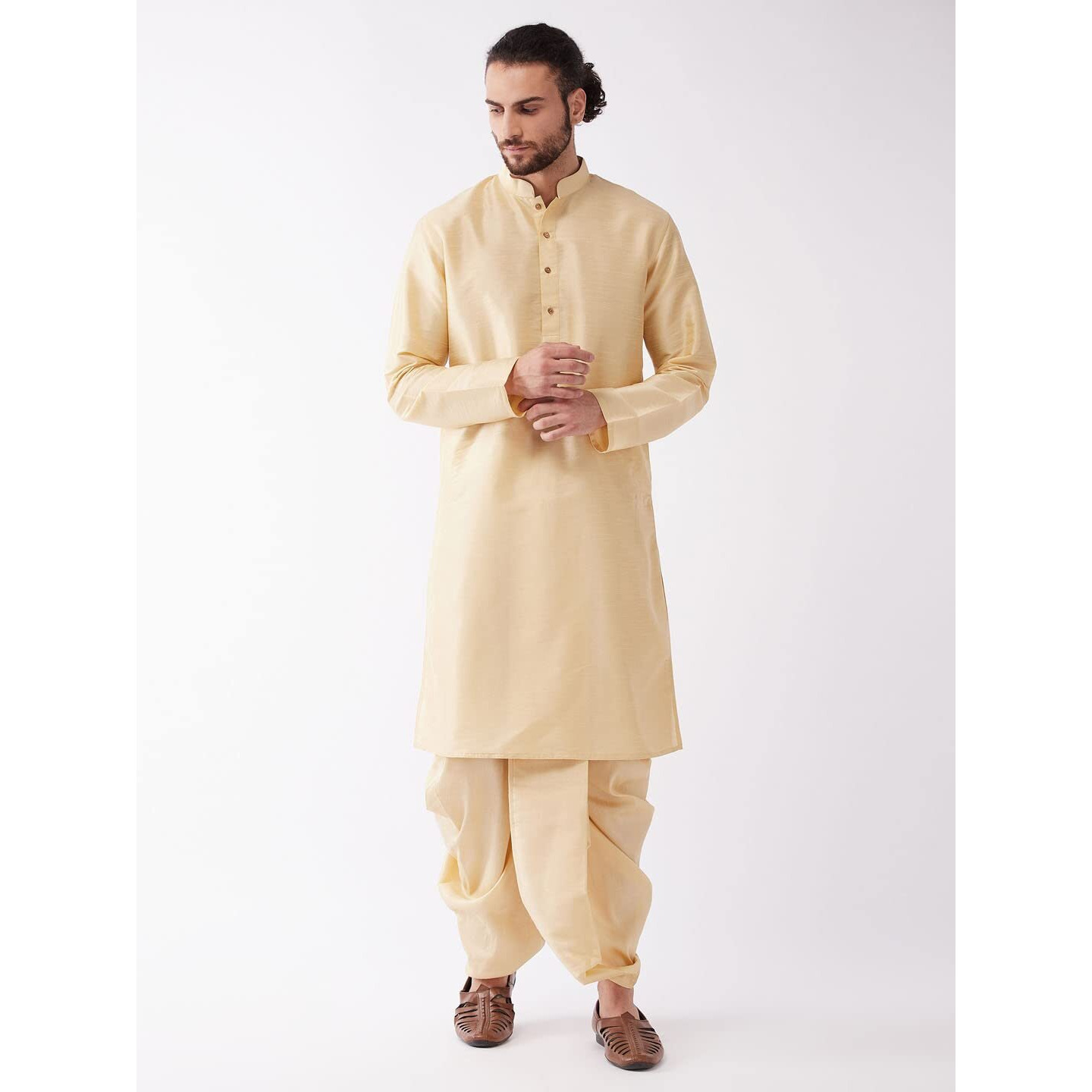 VASTRAMAY Men's Gold Silk Blend Kurta and Dhoti Set_VASMKGO001nDTGO_40