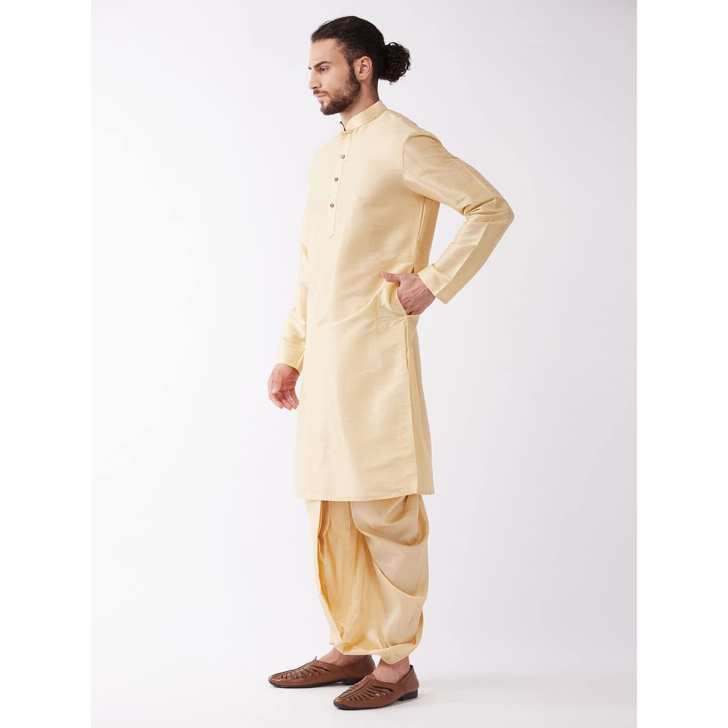 VASTRAMAY Men's Gold Silk Blend Kurta and Dhoti Set_VASMKGO001nDTGO_40