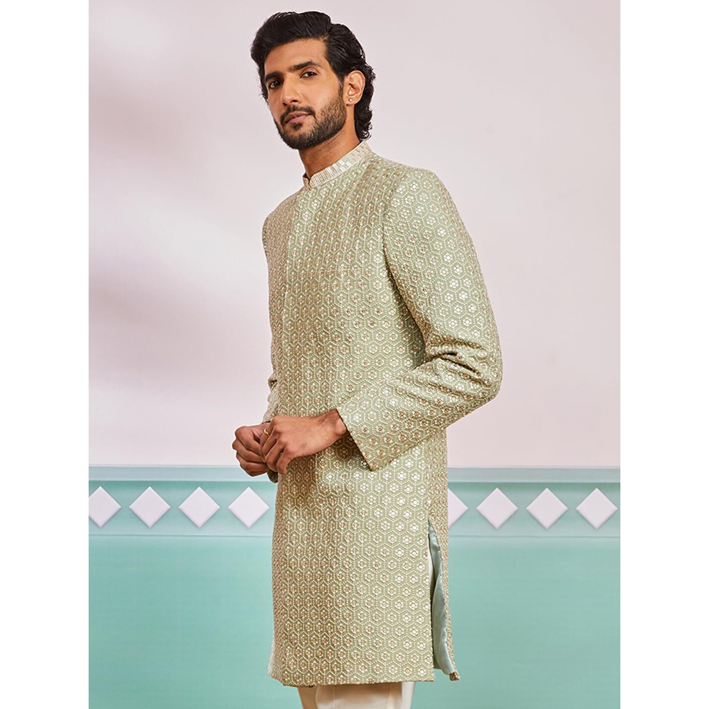 VASTRAMAY Men's Pista Green Rayon Indo Western - This men's embroidered kurta, pant set blends traditional craftsmanship with contemporary elegance.