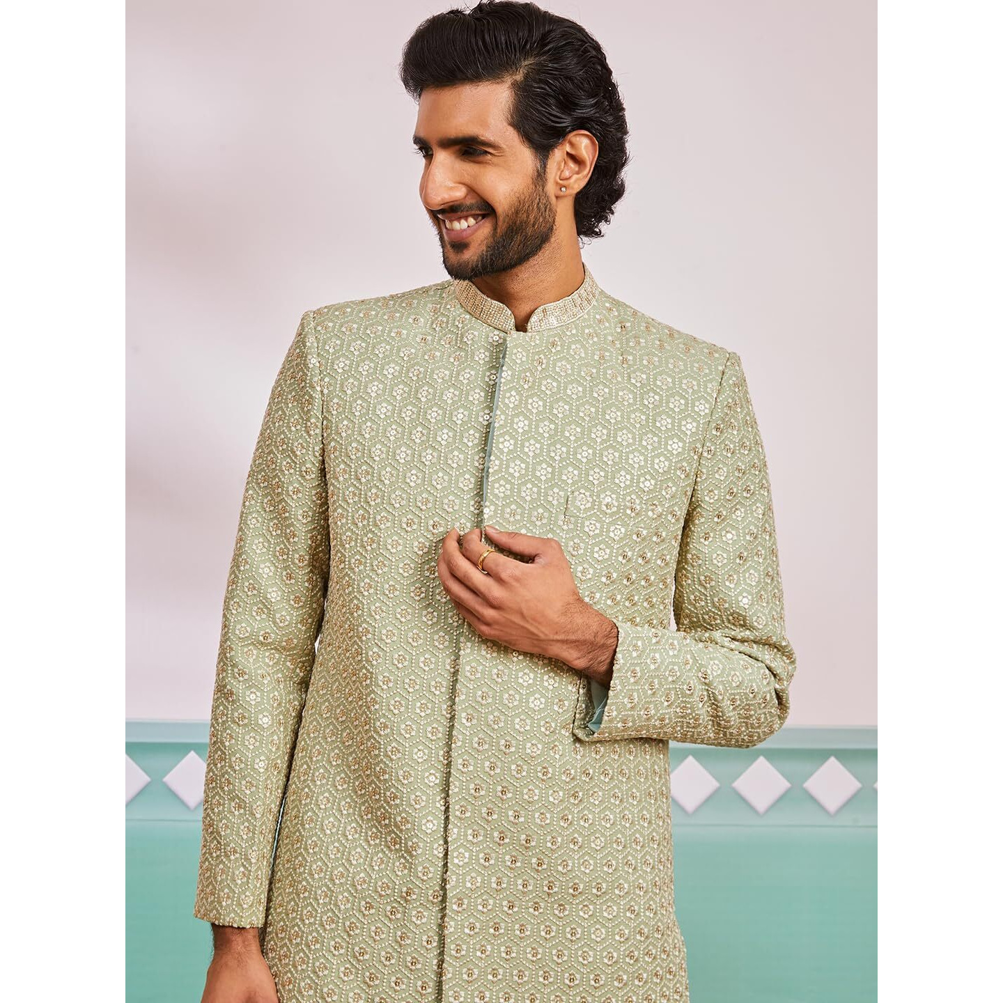 VASTRAMAY Men's Pista Green Rayon Indo Western - This men's embroidered kurta, pant set blends traditional craftsmanship with contemporary elegance.