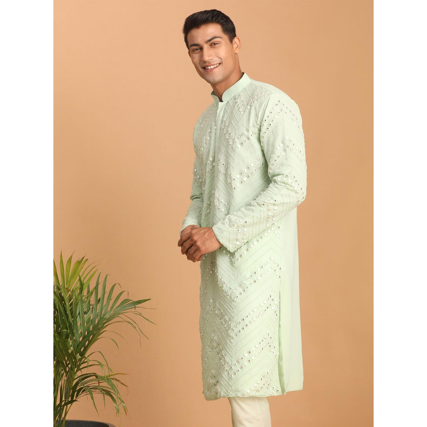 VASTRAMAY Men's Aqua Georgette Kurta Pyjama Set | Mirror Work Georgette Kurta for Men. | Timeless Elegance for Festivals & Events | Classic Design, Premium Comfort, and Versatile Style