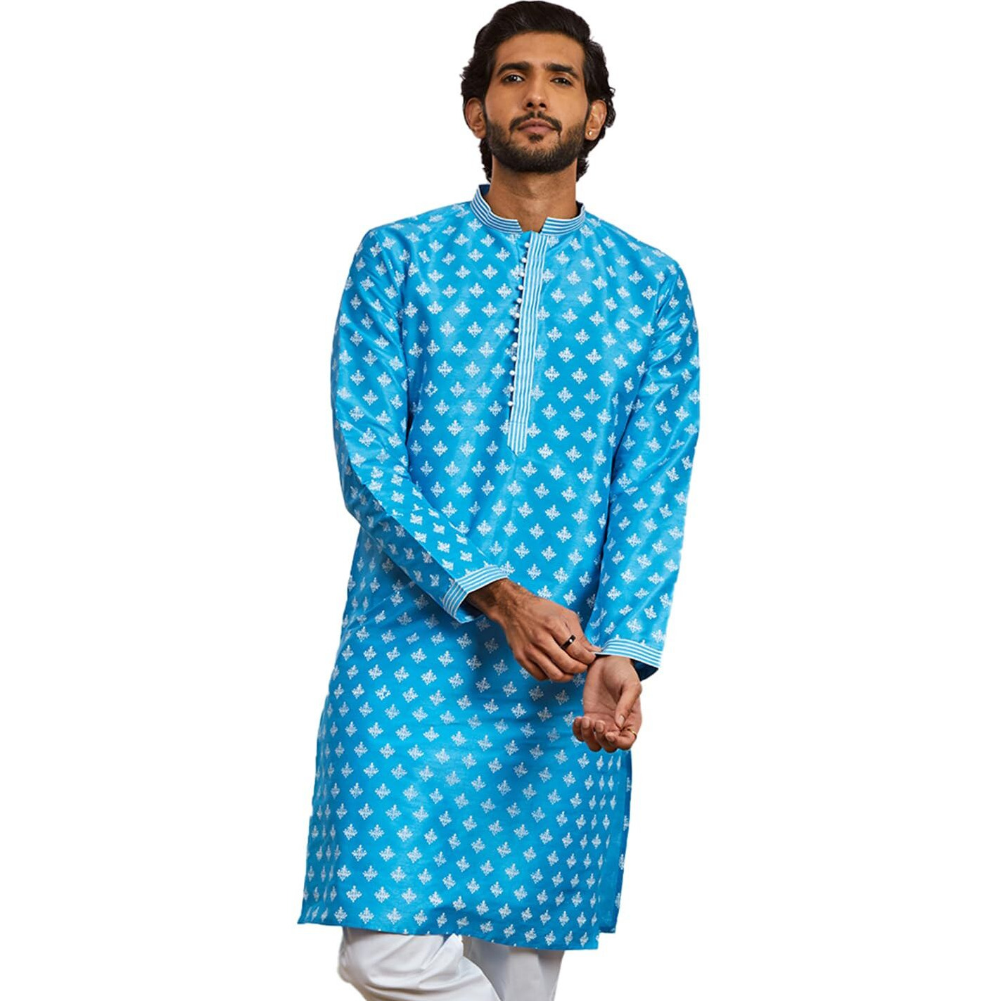 VASTRAMAY Men's Aqua Dupion Silk Kurta - This Men's Kurta Elegant Allover Printed Design, Adding a Touch of Sophistication to