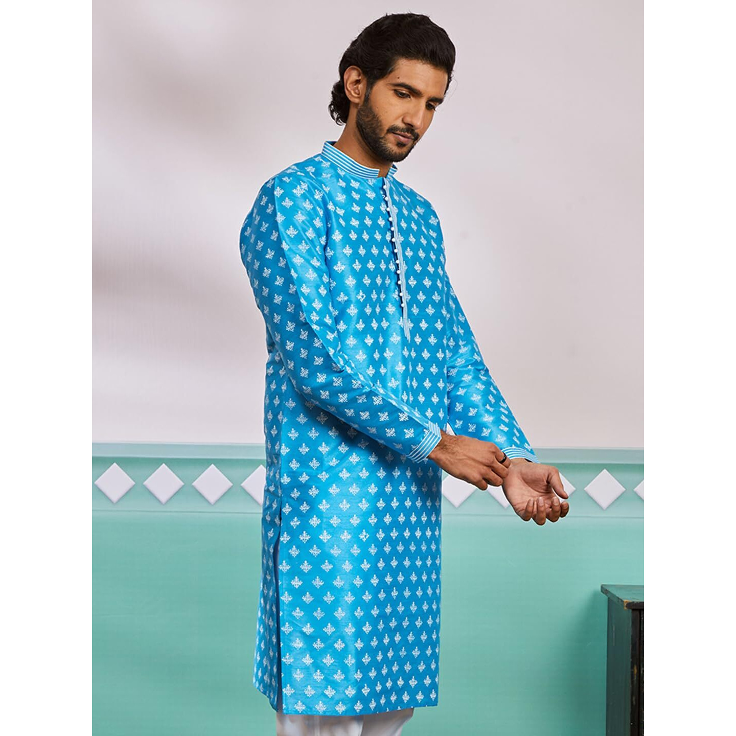 VASTRAMAY Men's Aqua Dupion Silk Kurta - This Men's Kurta Elegant Allover Printed Design, Adding a Touch of Sophistication to