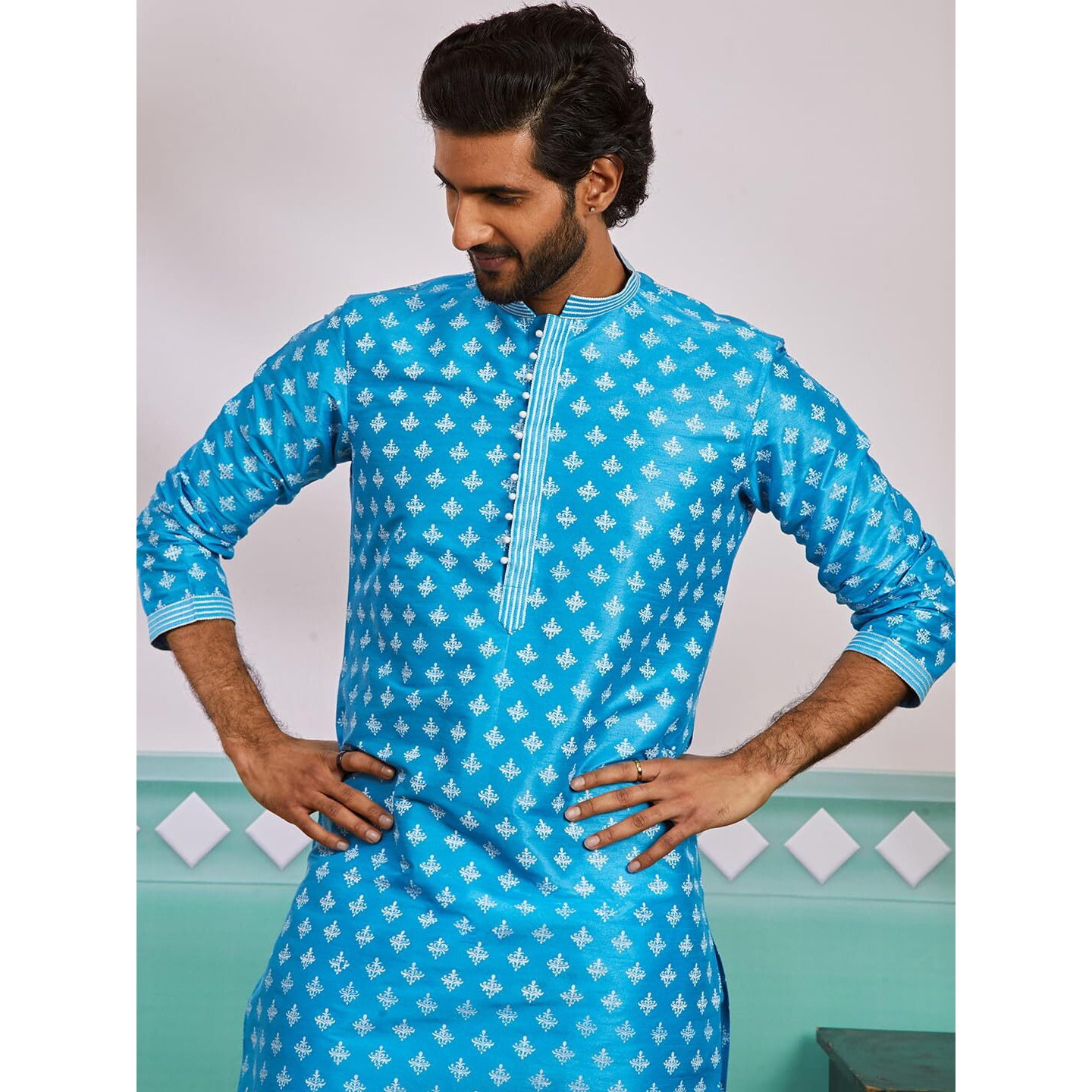 VASTRAMAY Men's Aqua Dupion Silk Kurta - This Men's Kurta Elegant Allover Printed Design, Adding a Touch of Sophistication to