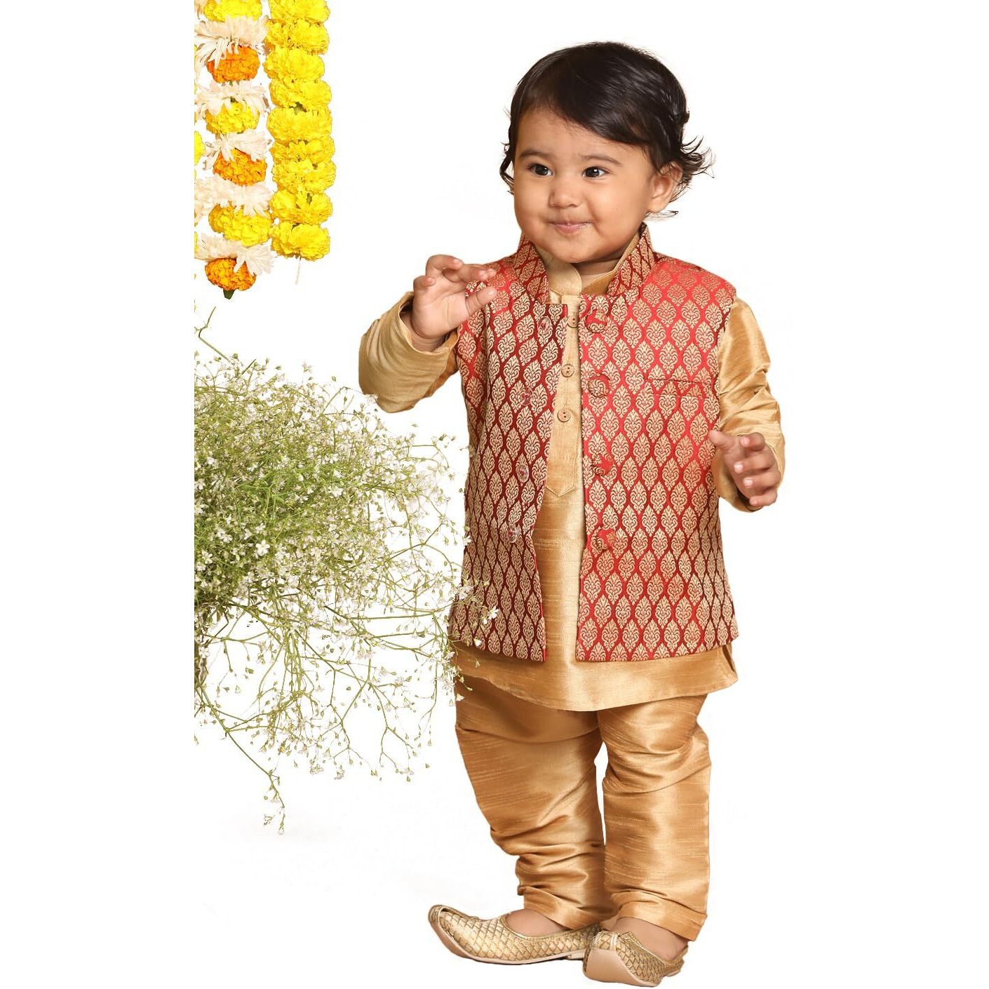 VASTRAMAY Infant Boys Rose Gold Silk Blend Jacket, Kurta and Pyjama Set_VSHISBJMA005nKRG001nPRG_20