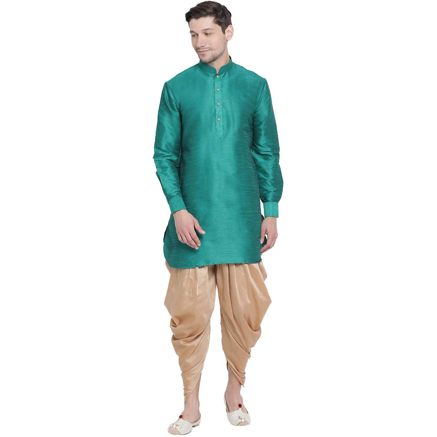 VASTRAMAY Men's Gree Cotton Silk Blend Kurta and Dhoti Pant Set_VASMUK001GNnCDRG_40