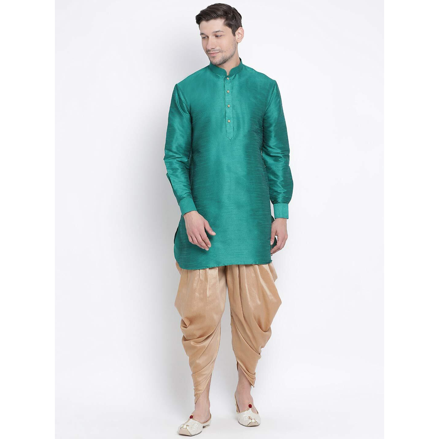 VASTRAMAY Men's Gree Cotton Silk Blend Kurta and Dhoti Pant Set_VASMUK001GNnCDRG_40