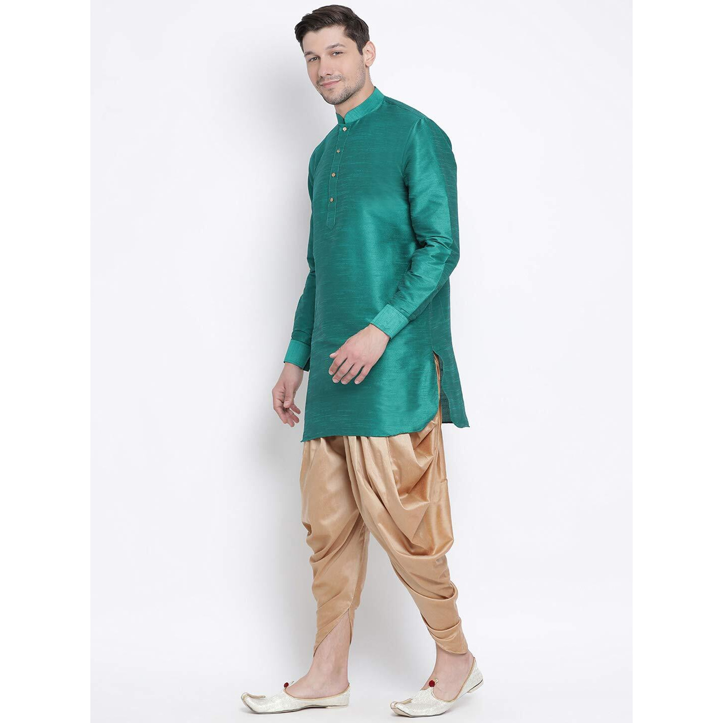VASTRAMAY Men's Gree Cotton Silk Blend Kurta and Dhoti Pant Set_VASMUK001GNnCDRG_40