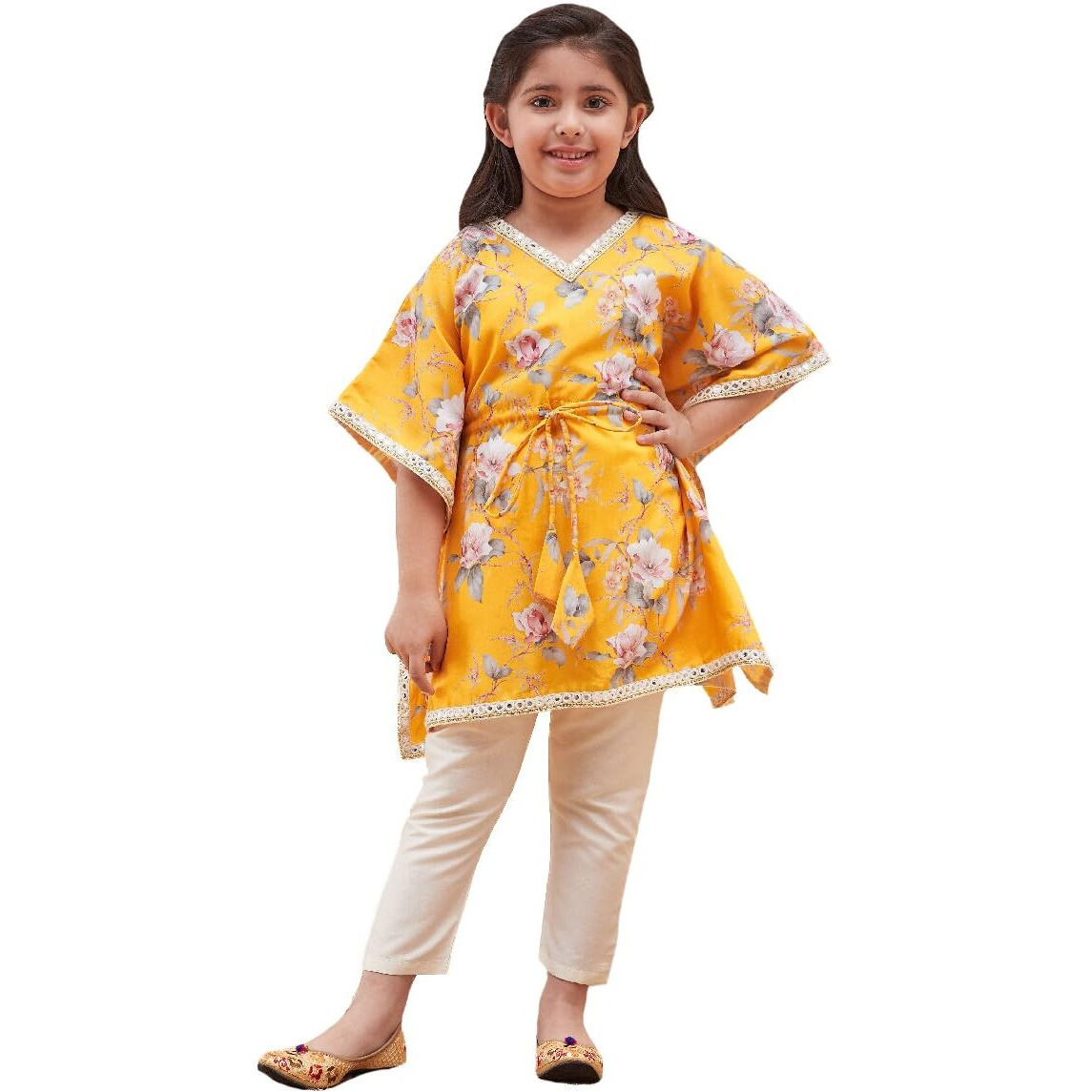 VASTRAMAY Girls' Yellow And Cream Kaftan And Pant Set_VASGK005YWnGP02CR_28