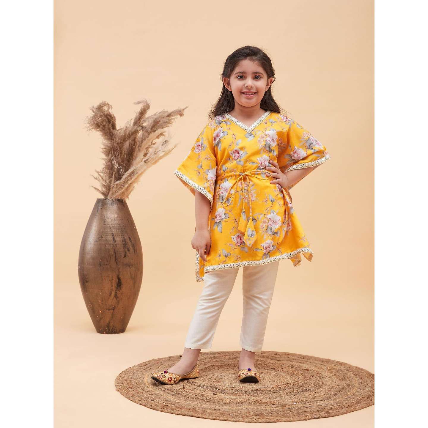 VASTRAMAY Girls' Yellow And Cream Kaftan And Pant Set_VASGK005YWnGP02CR_28