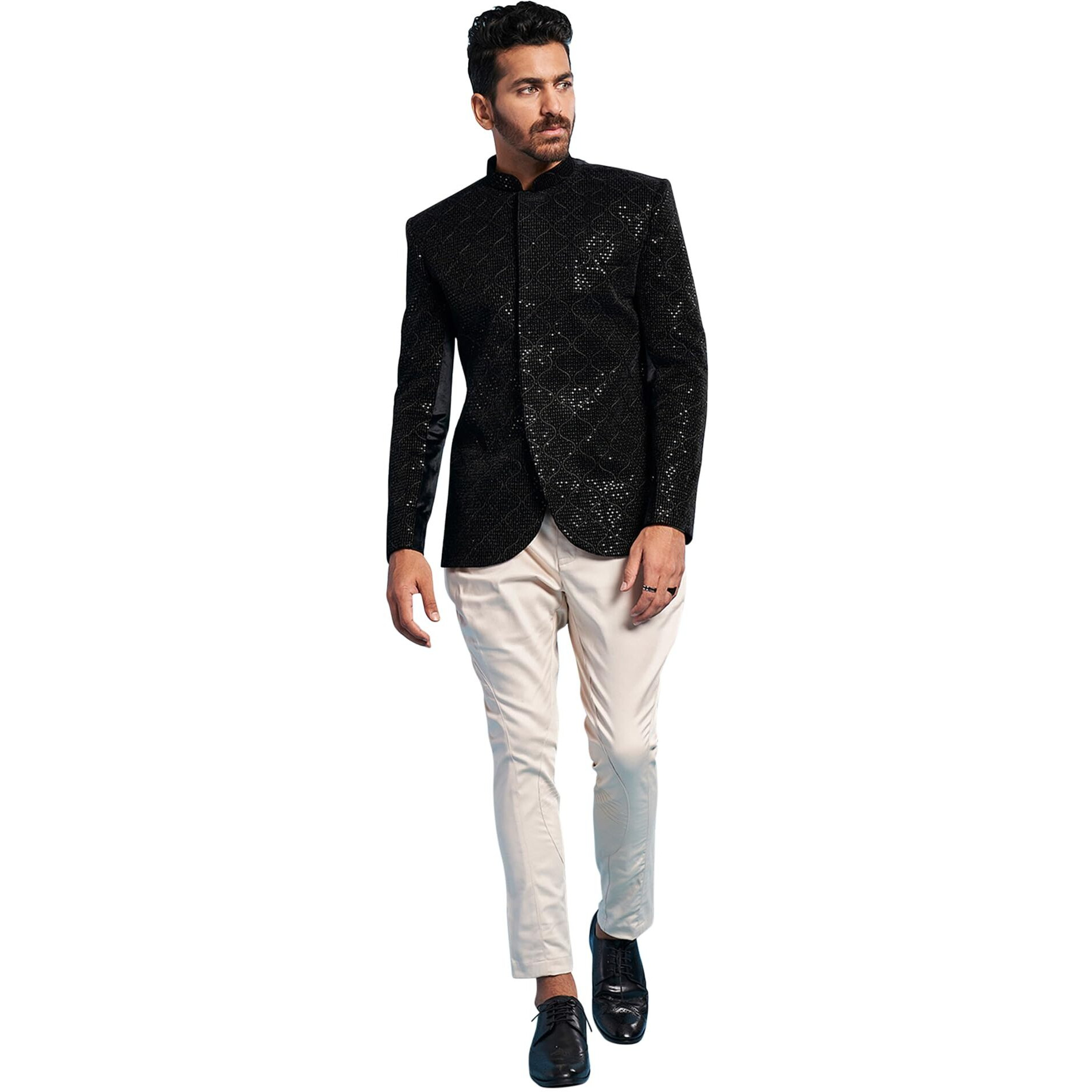 VASTRAMAY Men's Black & Cream - Jodhpuri,Pyjama Set - Velvet Sequined Embroidered Jodhpuri And Pyjama Set
