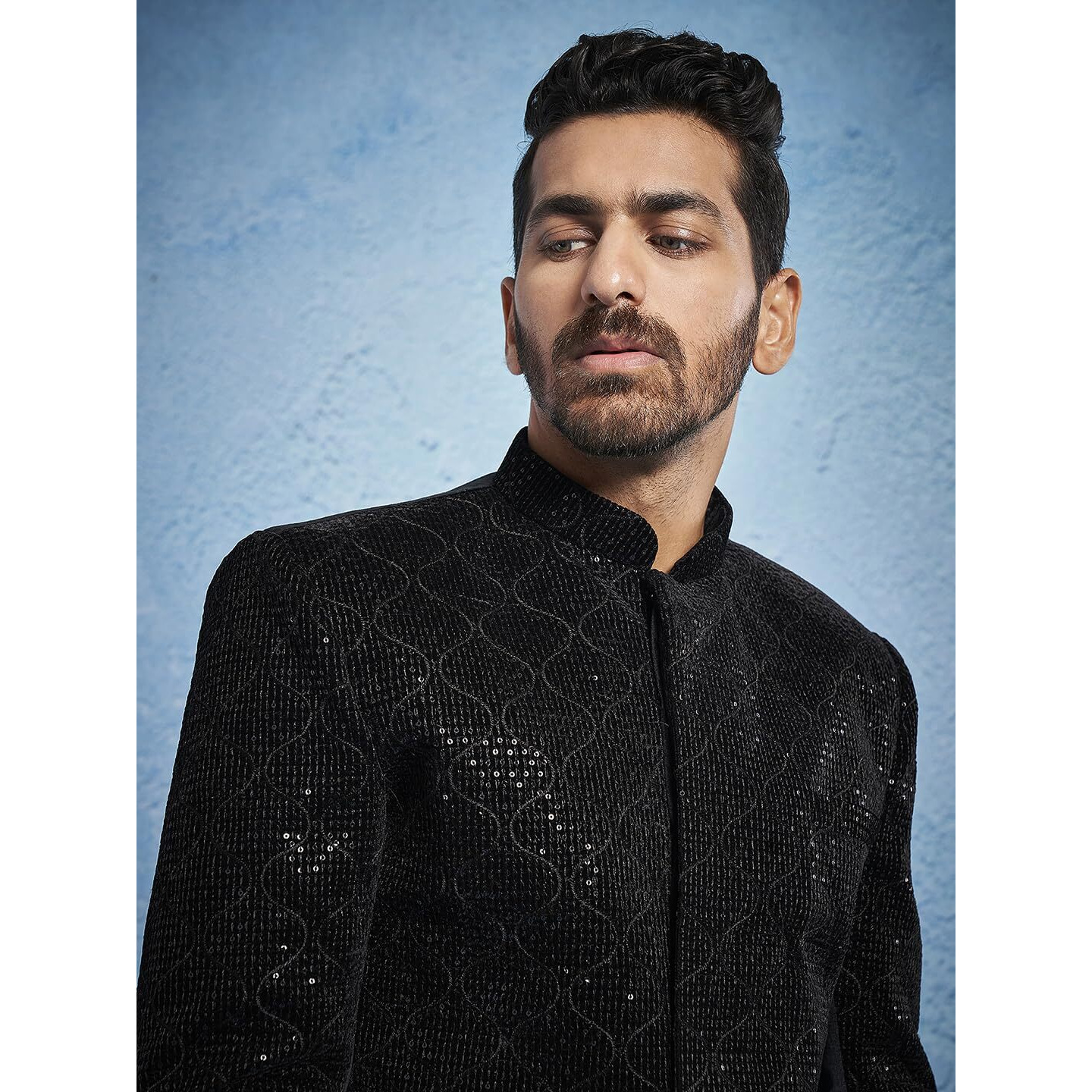 VASTRAMAY Men's Black & Cream - Jodhpuri,Pyjama Set - Velvet Sequined Embroidered Jodhpuri And Pyjama Set