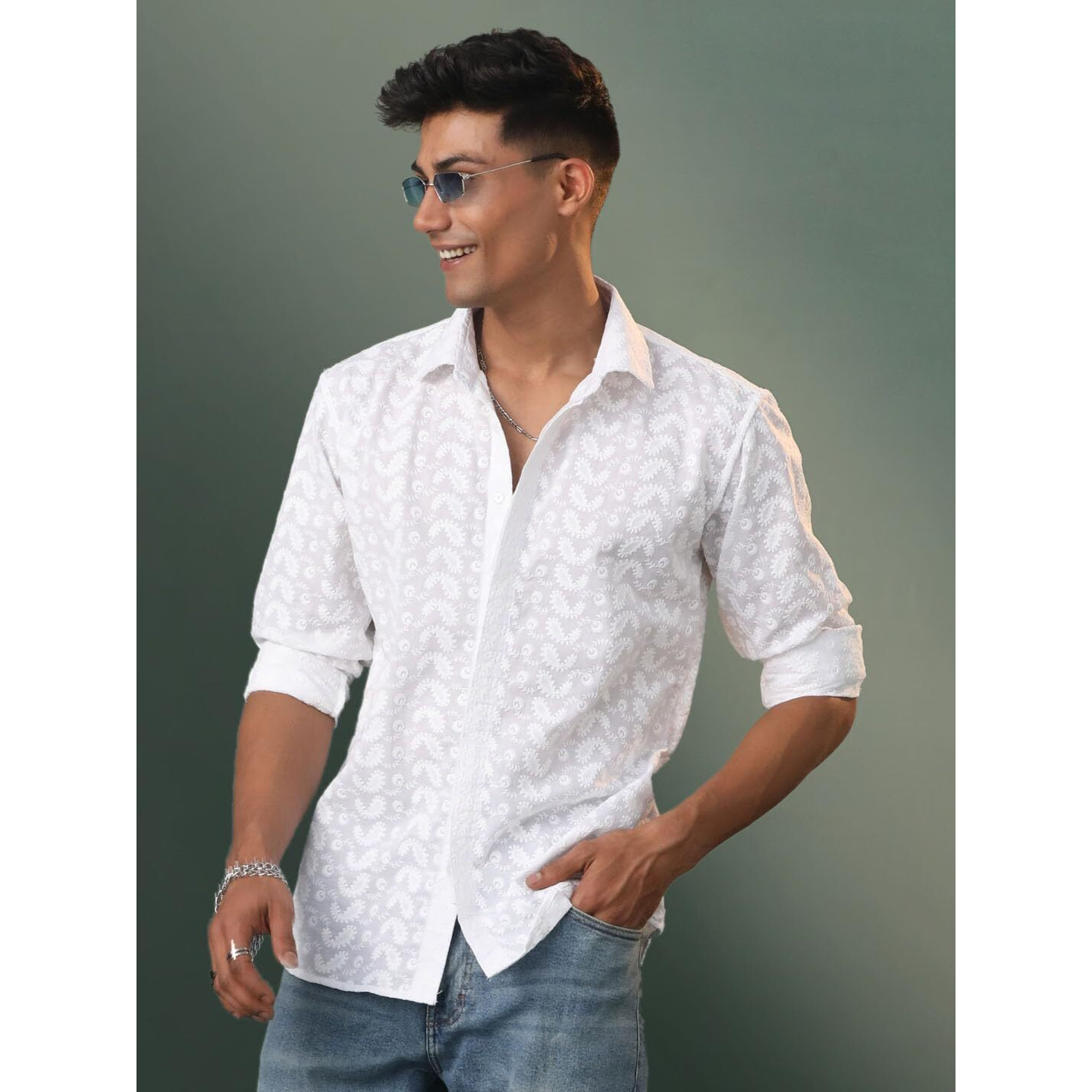 VASTRAMAY Men's Cotton Ethnic Shirt I Slim Fit Solid Chikankari Regular Shirt I Everyday Casual Summer Ease Long Sleeves Shirts_VSHVMSH094WH_38 White