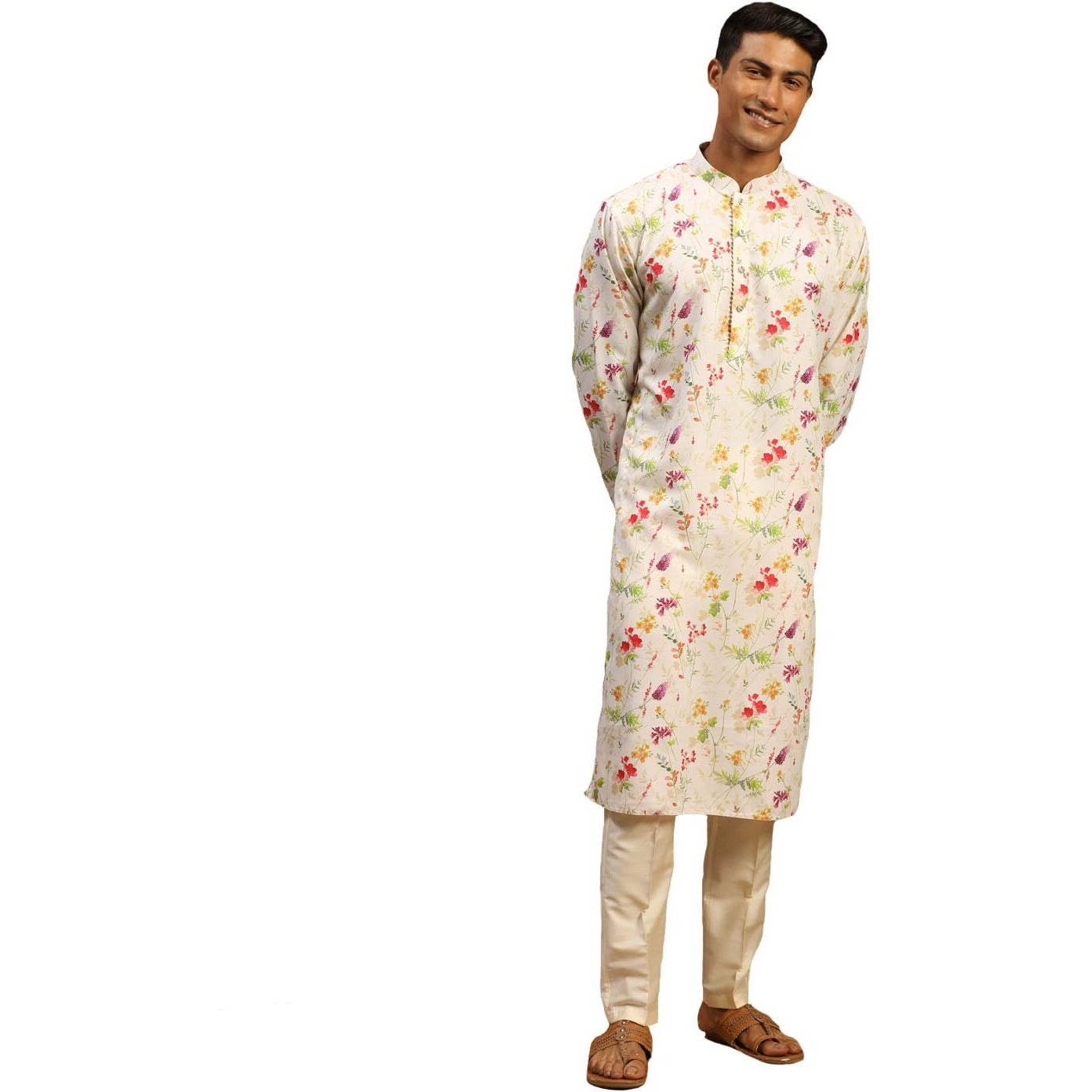 VASTRAMAY Men's Cream Cotton Blend Kurta Pyjama Set_VASMK264nPANT001WH_38