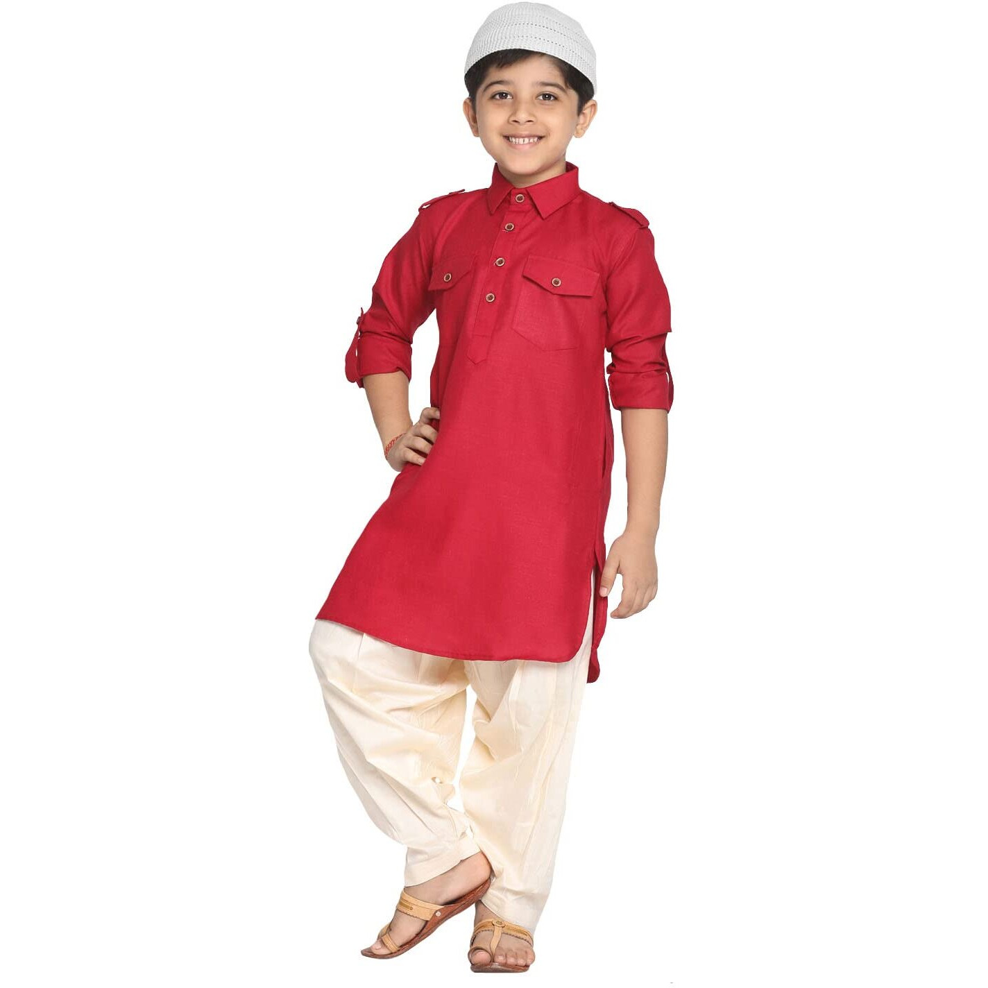 JBN Creation Boys' Maroon Cotton Blend Pathani Kurta Set With Cap-VASBPT003MAnPTY1CRnC_26