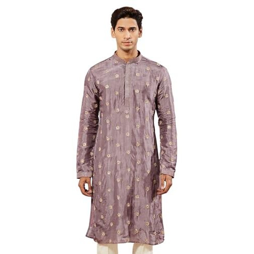 VASTRAMAY Men's Lavender Tissue Silk Kurta with Golden Embroidery - Perfect for Weddings and Festivals