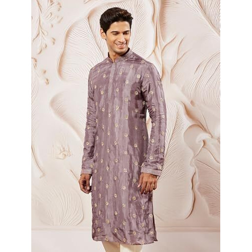 VASTRAMAY Men's Lavender Tissue Silk Kurta with Golden Embroidery - Perfect for Weddings and Festivals