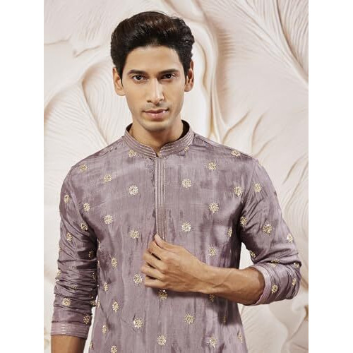 VASTRAMAY Men's Lavender Tissue Silk Kurta with Golden Embroidery - Perfect for Weddings and Festivals