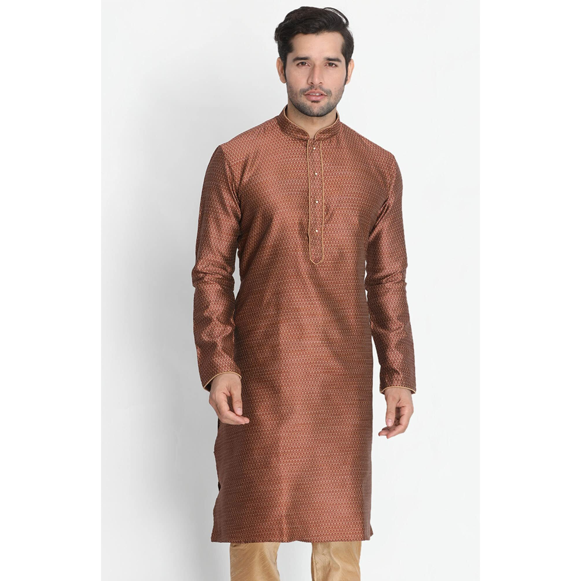 VASTRAMAY VM Mens Silk Blend Maroon Kurta - Timeless Elegance for Festivals & Events | Banarasi Cotton with Silk Dobby Jacquard Mandarin Collar Full Sleeves Kurta with a Contrast Piping_VASMK047MA_44