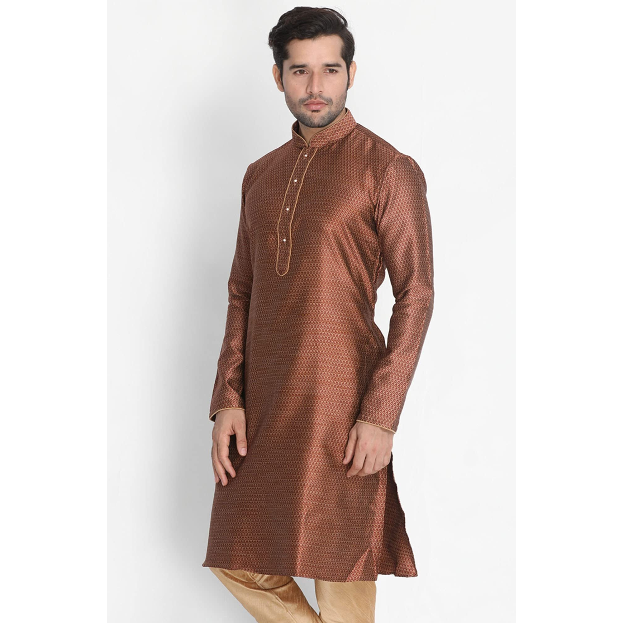 VASTRAMAY VM Mens Silk Blend Maroon Kurta - Timeless Elegance for Festivals & Events | Banarasi Cotton with Silk Dobby Jacquard Mandarin Collar Full Sleeves Kurta with a Contrast Piping_VASMK047MA_44