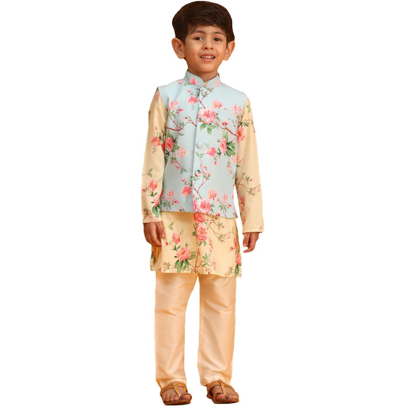 VASTRAMAY Boys' Multicolor Base Yellow Jacket, Kurta and Pyjama Set_VASBJ182AQnBK182YWnVPCR_26
