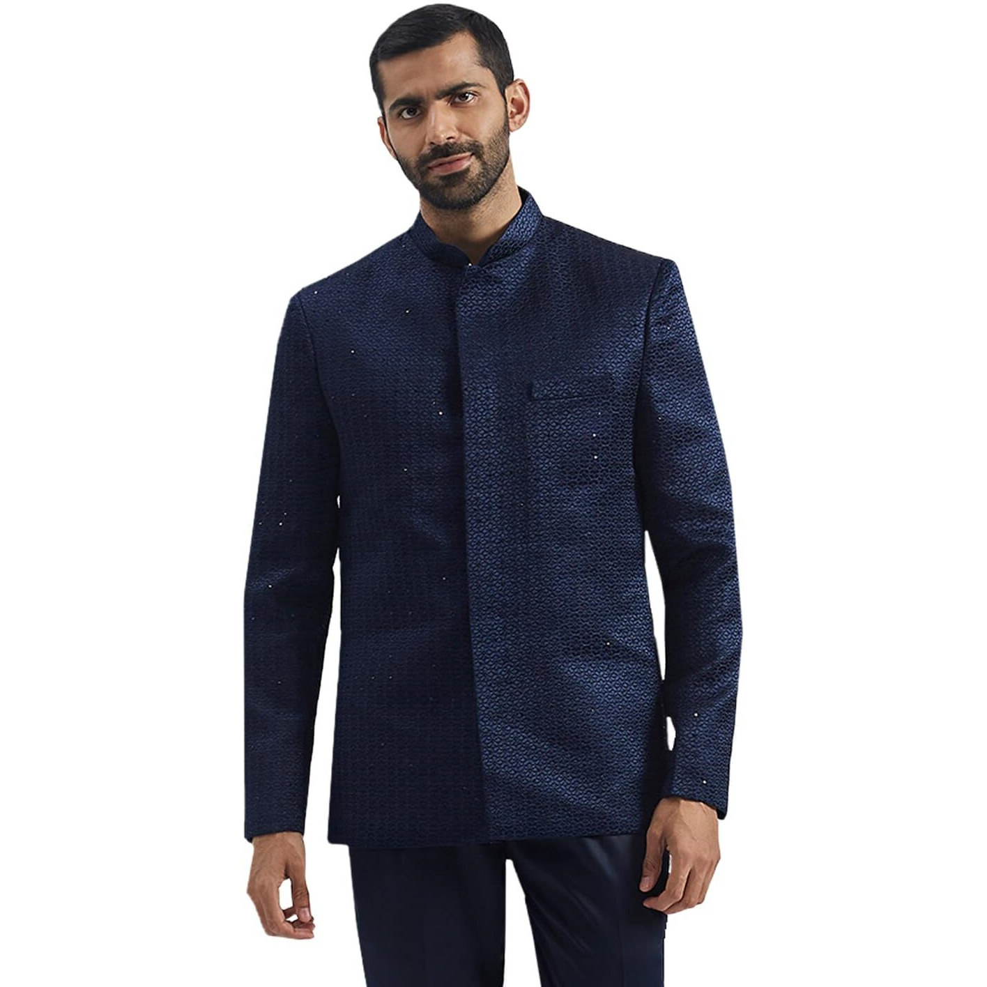 VASTRAMAY Men's Navy Blue Silk Blend Jodhpuri, Silk Blend Sequinced Embroidered Jodhpuri For Men, Traditional Indian Wear for Weddings & Festivals