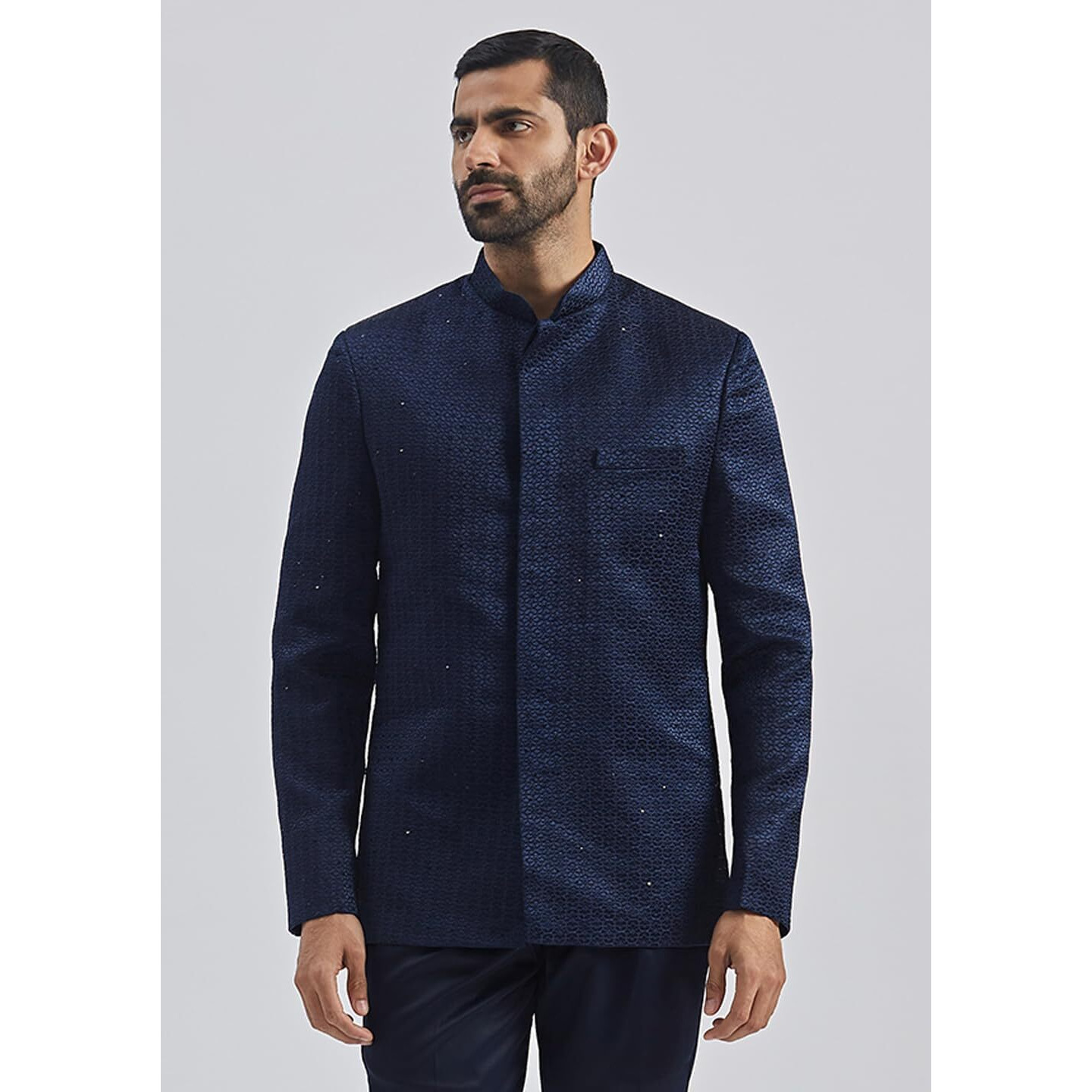 VASTRAMAY Men's Navy Blue Silk Blend Jodhpuri, Silk Blend Sequinced Embroidered Jodhpuri For Men, Traditional Indian Wear for Weddings & Festivals
