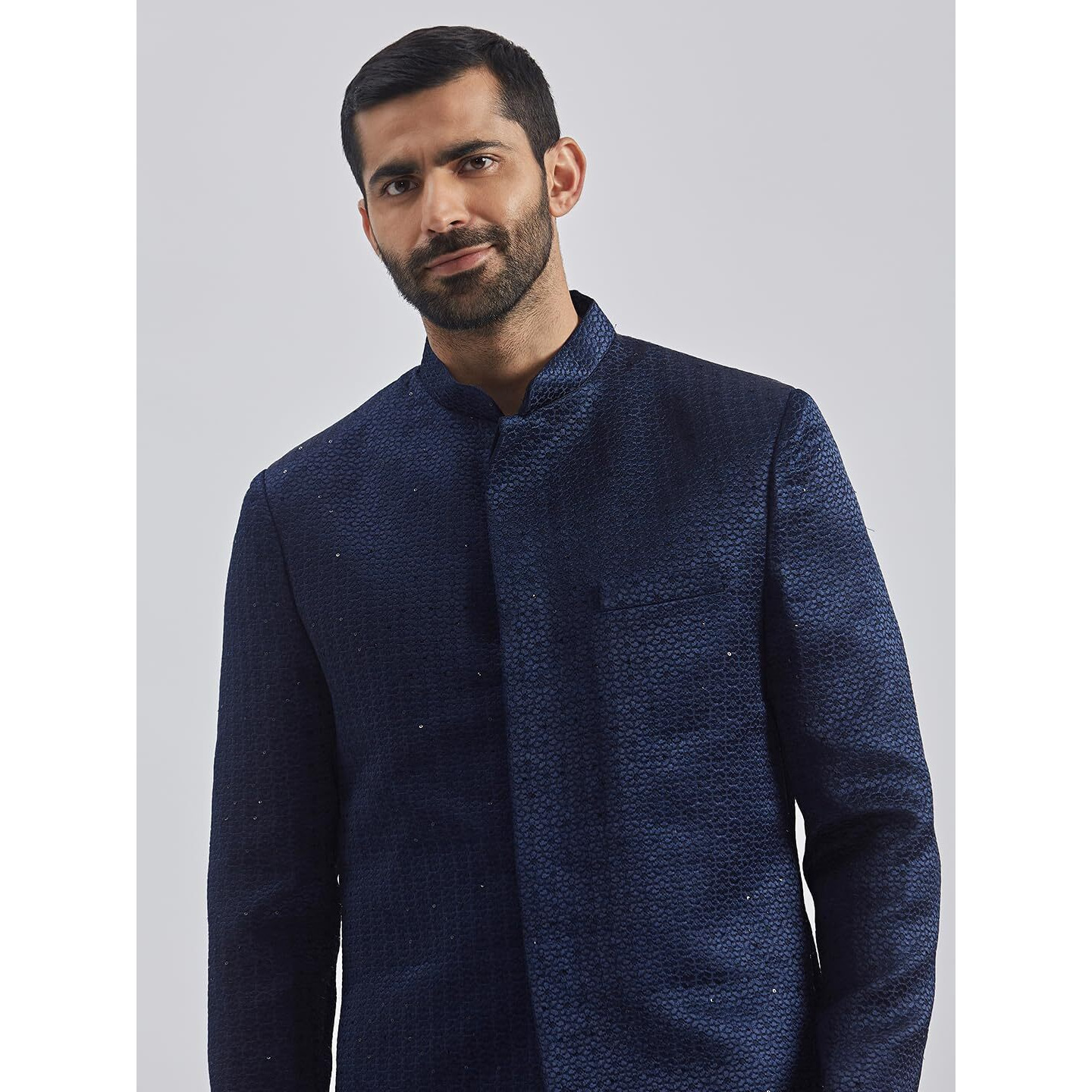 VASTRAMAY Men's Navy Blue Silk Blend Jodhpuri, Silk Blend Sequinced Embroidered Jodhpuri For Men, Traditional Indian Wear for Weddings & Festivals