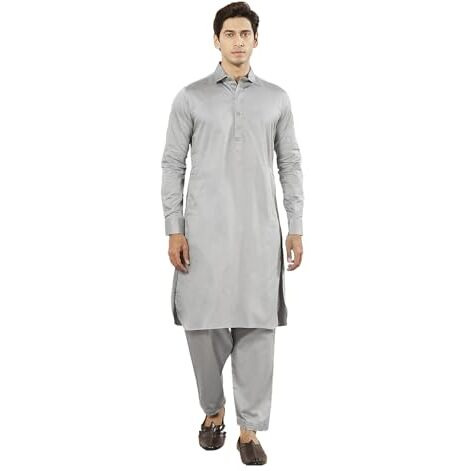VASTRAMAY Men's Gray Fine Satin Pathani Kurta Set, Traditional Pathani Khan Suit Set. It has shoulder flaps, two pockets with flap, cuff plus rollover sleeves and relaxed fit salwar patiala pyjama
