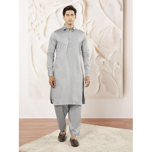 VASTRAMAY Men's Gray Fine Satin Pathani Kurta Set, Traditional Pathani Khan Suit Set. It has shoulder flaps, two pockets with flap, cuff plus rollover sleeves and relaxed fit salwar patiala pyjama
