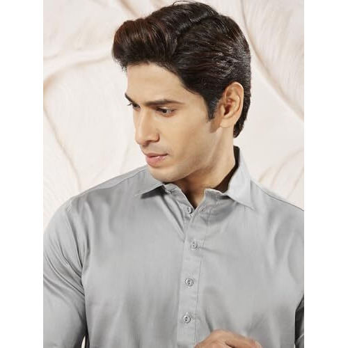 VASTRAMAY Men's Gray Fine Satin Pathani Kurta Set, Traditional Pathani Khan Suit Set. It has shoulder flaps, two pockets with flap, cuff plus rollover sleeves and relaxed fit salwar patiala pyjama