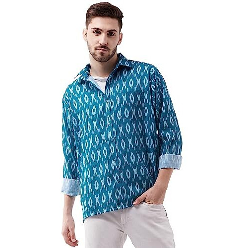 VASTRAMAY Men's Turquoise Cotton Blend Ethnic Shirt | Cotton Blend Botanical Printed Half Sleeve Shirt for Men.