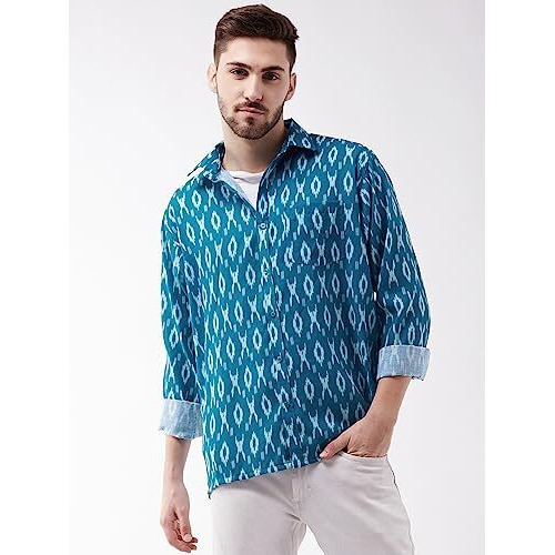 VASTRAMAY Men's Turquoise Cotton Blend Ethnic Shirt | Cotton Blend Botanical Printed Half Sleeve Shirt for Men.