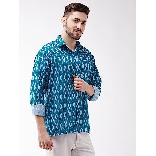 VASTRAMAY Men's Turquoise Cotton Blend Ethnic Shirt | Cotton Blend Botanical Printed Half Sleeve Shirt for Men.